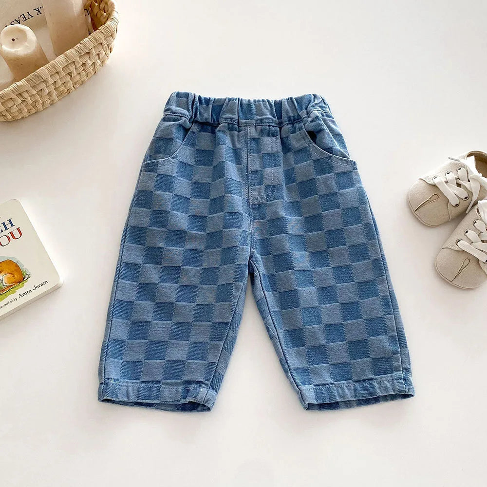 Children's Jeans 1-5Y New 2024 Autumn Boys Plaid Denim Pants Loose Style Mid Waist Girls Checkerboard Trousers
