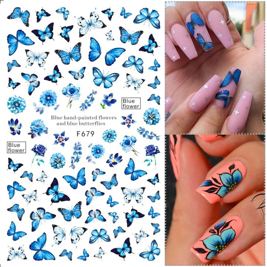 New Spring Fresh Flowers Butterfly 3D Nail Stickers Colorful Laser Butterflies Geometric Pattern Stickers Nail Decoration 1PCS