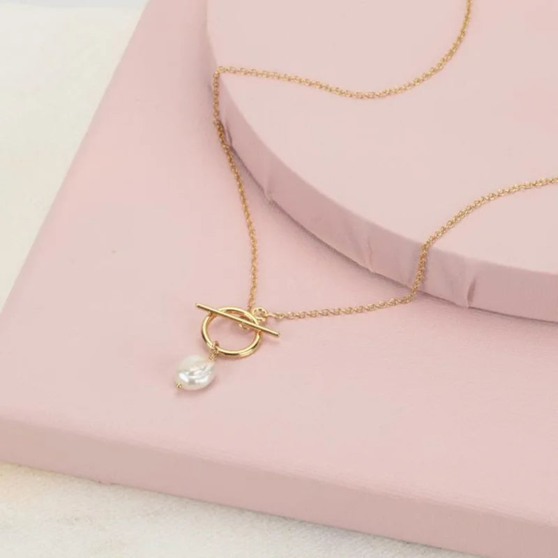 Colier cu lanț placat cu aur și închidere mini cu clapetă, coliere stratificate cu pandantiv cu perle din argint, bijuterii cadou pentru ea