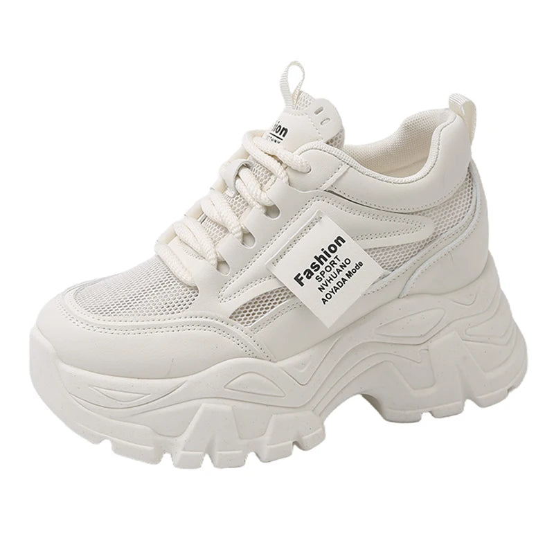 Whiet Breathable Chunky Sneakers Woman 2025 Spring Thick Platform Casual Sneakers Women Non Slip Lace Up Sports Shoes Female