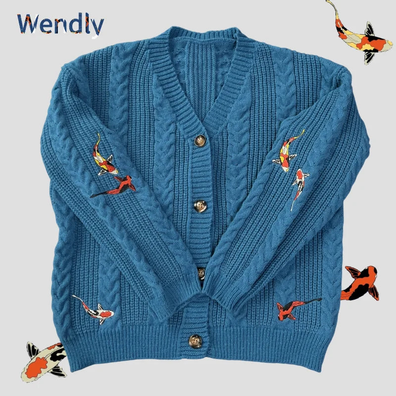 Koi Strickjacke Vintage Stickerei - Damen S-L, Türkis