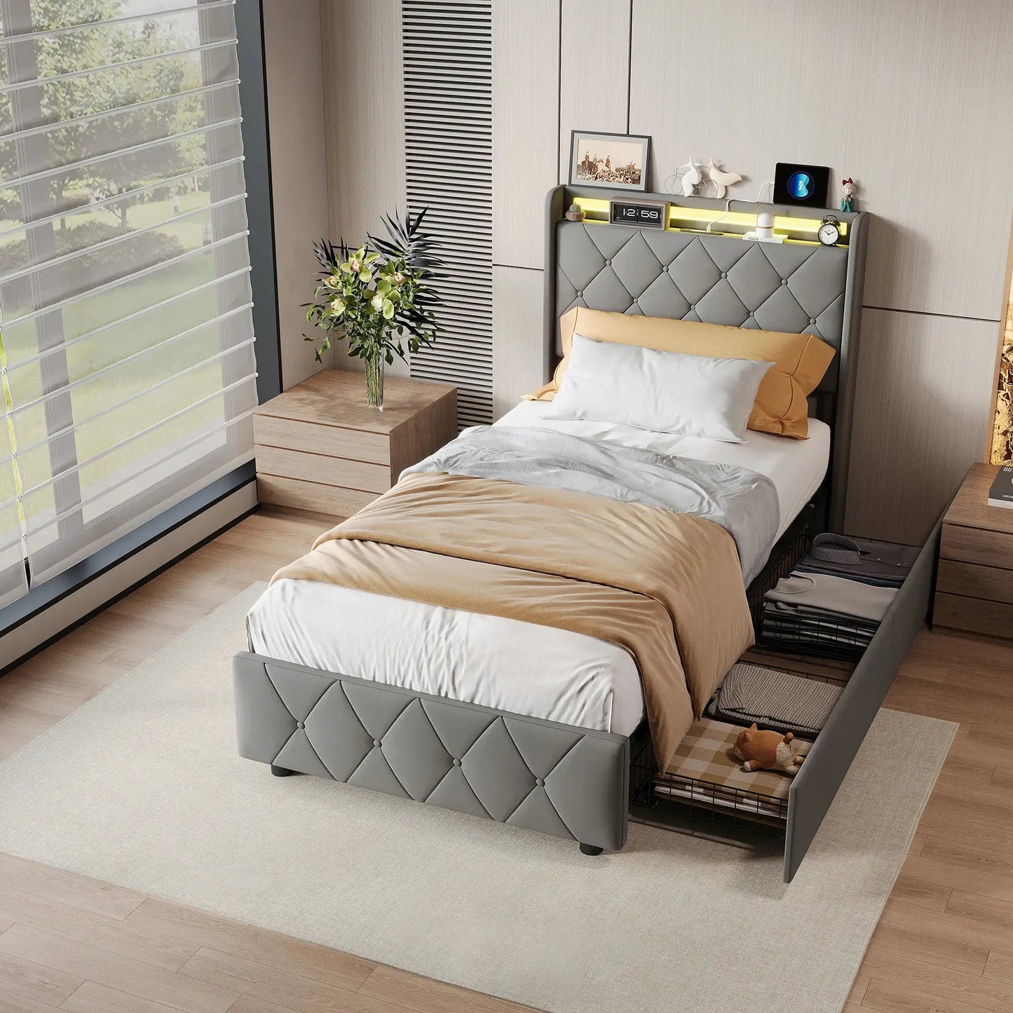 Gepolstertes Bett LED Beleuchtung USB Ladeanschluss Vier Schubladen