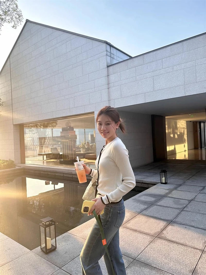 ZOKICN Patchwork Strickcardigan - Slim Langarm Weiß Größe M, Gewicht 120–220 g/m²