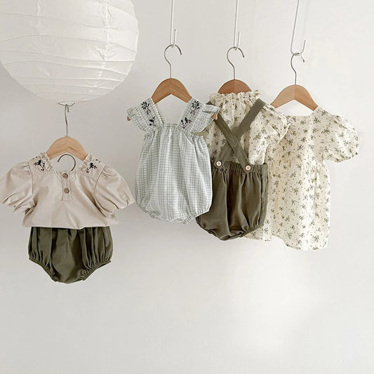 Infant Baby Girls Short Sleeve Green Printing Tops Shorts 2Pcs Clothing Sets Summer Baby Girls Children's Clothes Suit 0-3Yrs