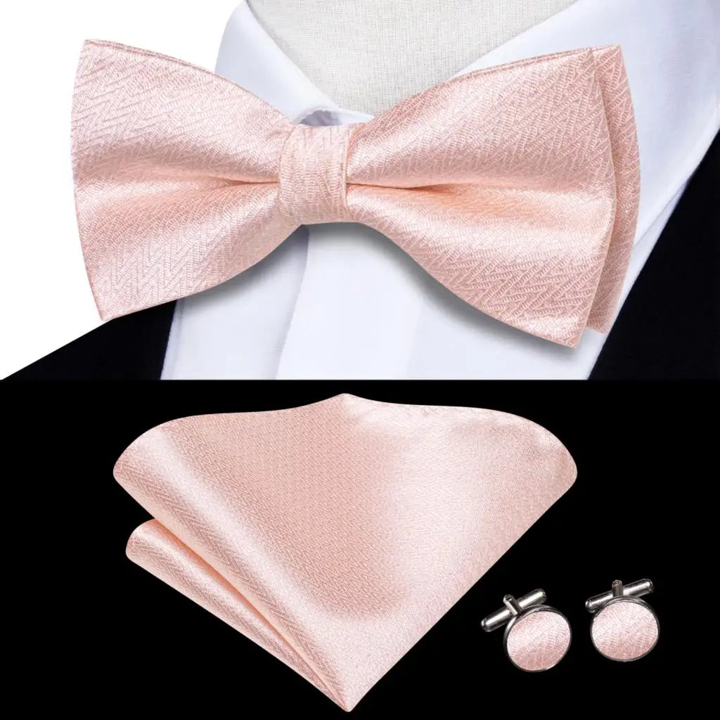 Hi-Tie Silk Mens Bow Tie Pocket Square Cufflinks Set Peach Pink Salmon Pre-tied Butterfly Knot Bowtie for Male Wedding Business