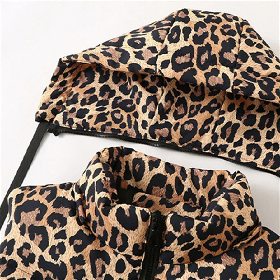 Hebei Leopardendruck Weste - Kapuze Abnehmbar Reißverschluss Baumwollgefüttert Reguläre Passform