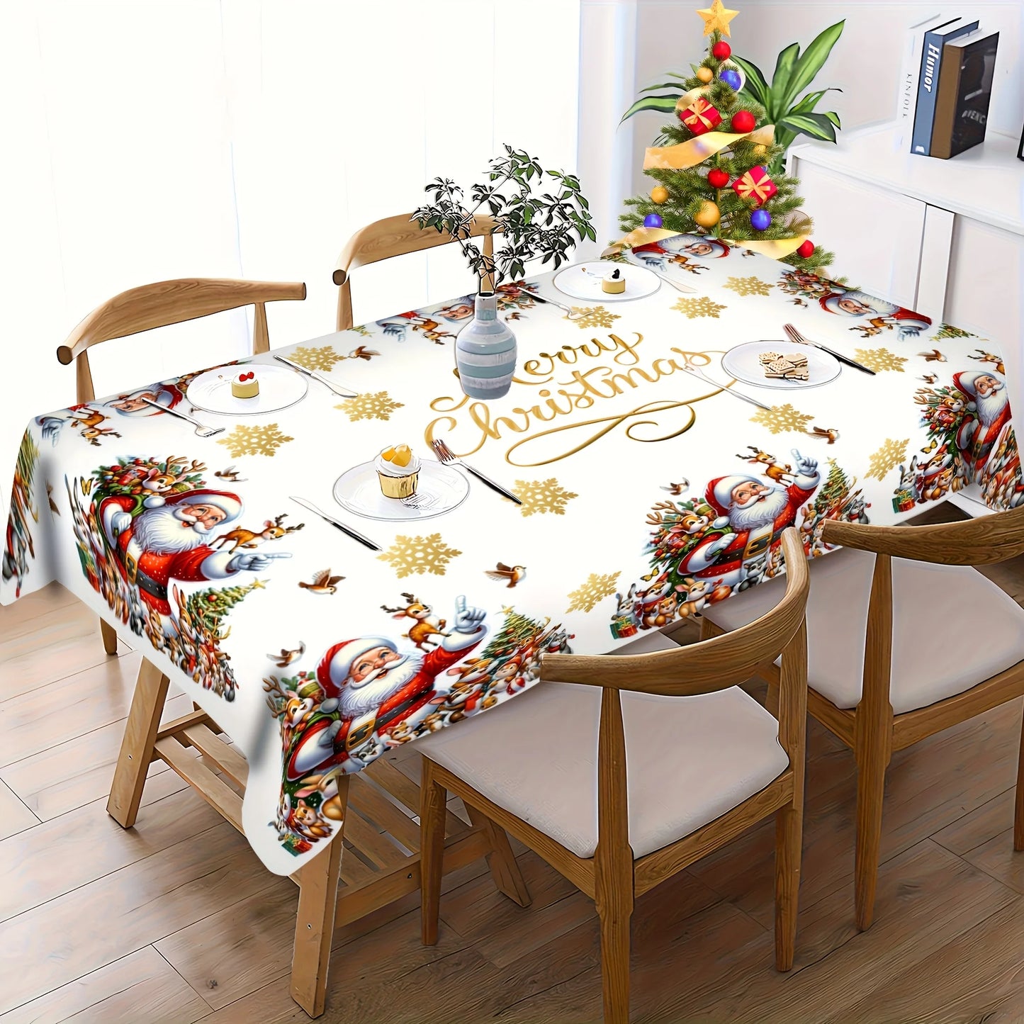 Merry Christmas Themed Santa Claus Snowflakes Tablecloth for Table Decor Winter Xmas Reindeer Table Cloth Christmas Decorations