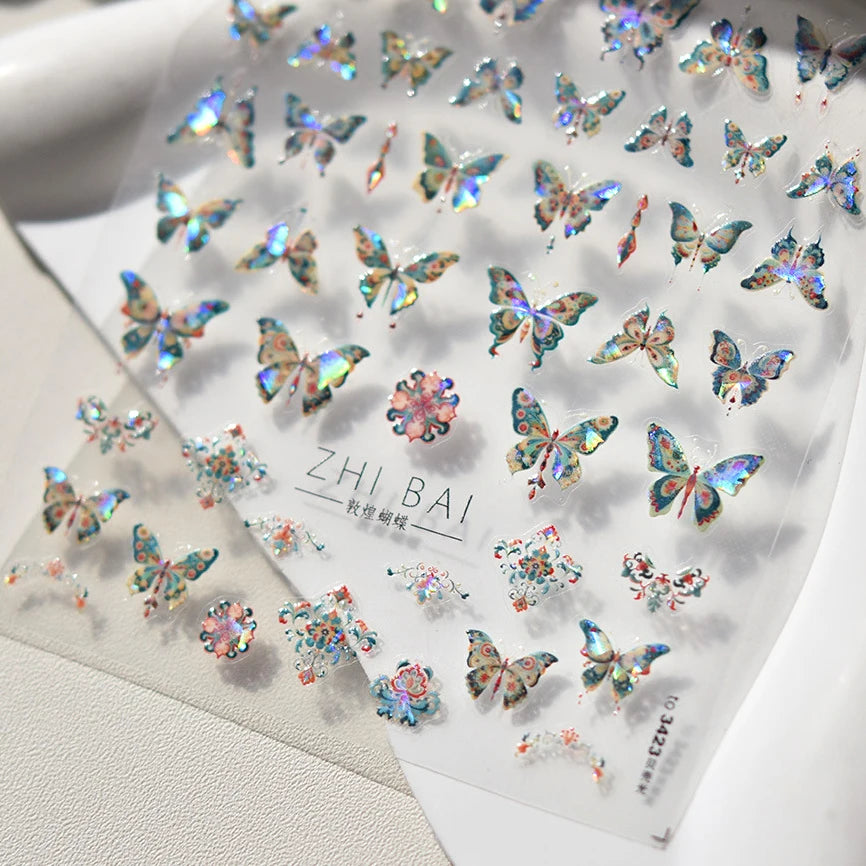 Fantasy Shiny Shell Light Butterfly Rhinestone Bohemia Hot 5D Soft Embossed Relief Nail Art Sticker 3D Decal Decoration Manicure