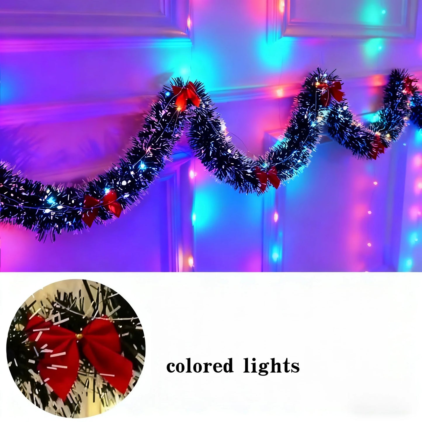 Weihnachts-Lametta-Girlande, künstliche Weihnachtsgirlande mit LED-Leuchten, Weihnachts-Metallic-Twist-Hängegirlande, Kamin, 2 m
