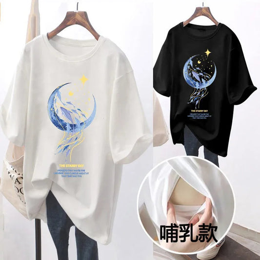 Pregnant Women T Shirt Maternity Summer Short Sleeve Side Button Crew Neck Tees Solid Color Nursing Tops For Breastfeeding