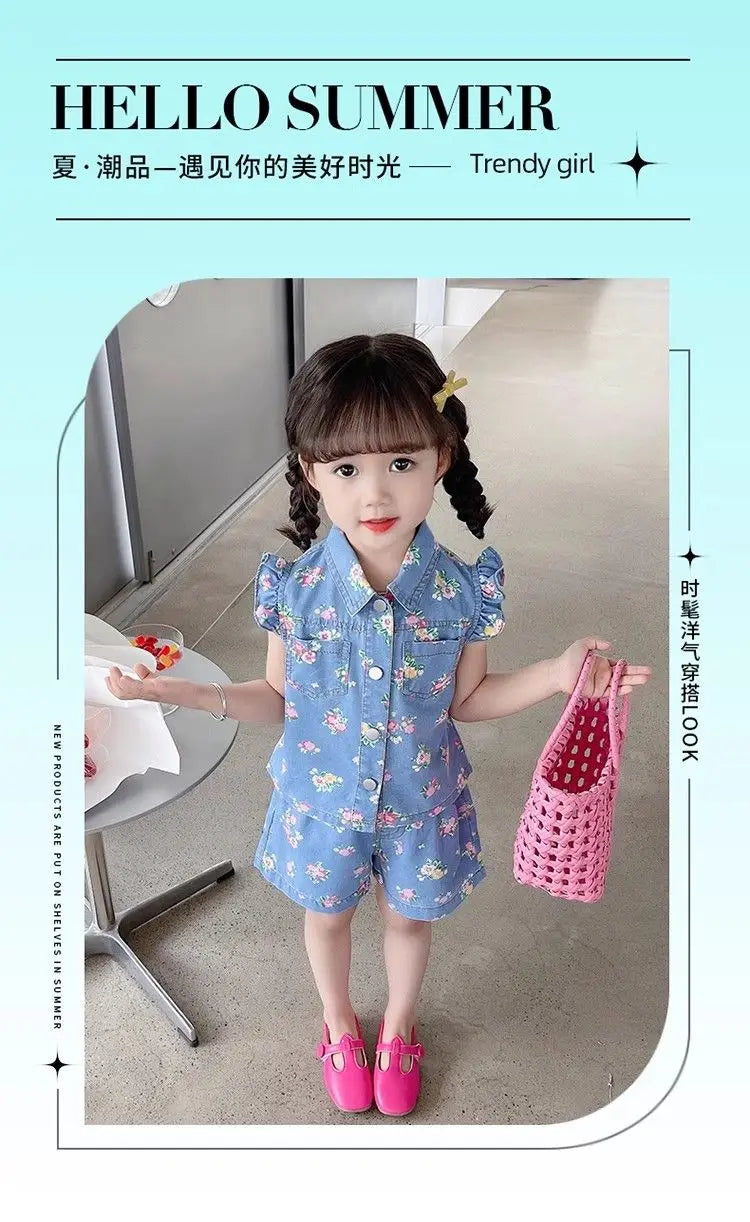 Children's Clothing Sets Floral Print Lace Sleeveless Top + Shorts 2pcs Sets  Baby Girl Outfit Set Kids Clothes for Girls