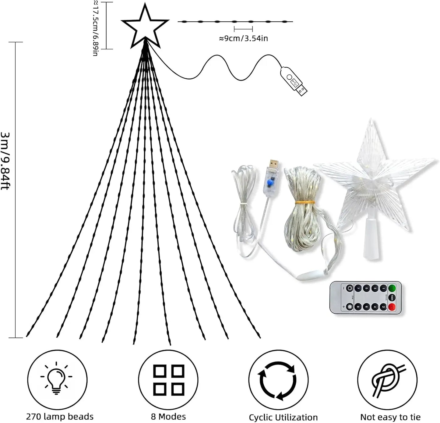 SKYSHADOW Wasserfall-Lichter 198 LEDs - USB 2 m Wasserdicht 8 Modi