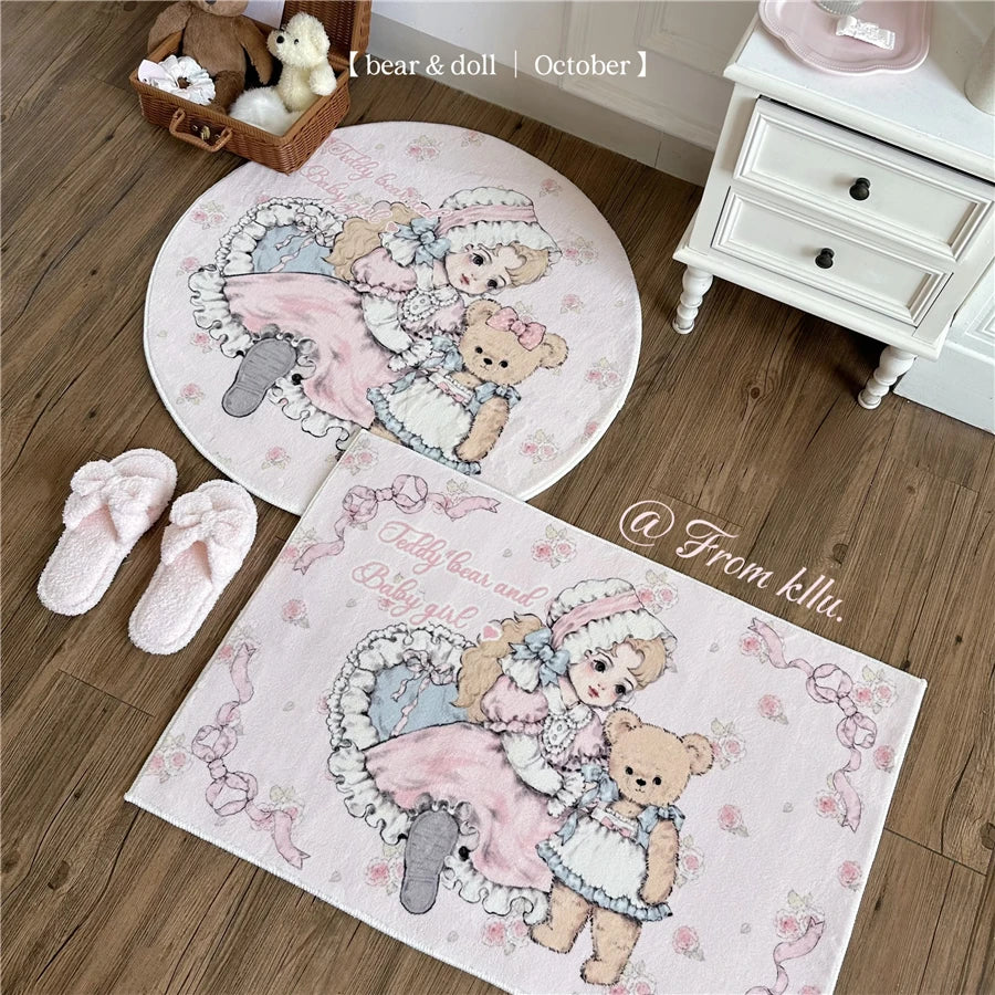 Soft Carpet Cartoon Bear Doll Carpets Round Rectangular Livingroom Rugs Kawaii Girl Lolita Retro Bedroom Bedside Cashmere Carpet