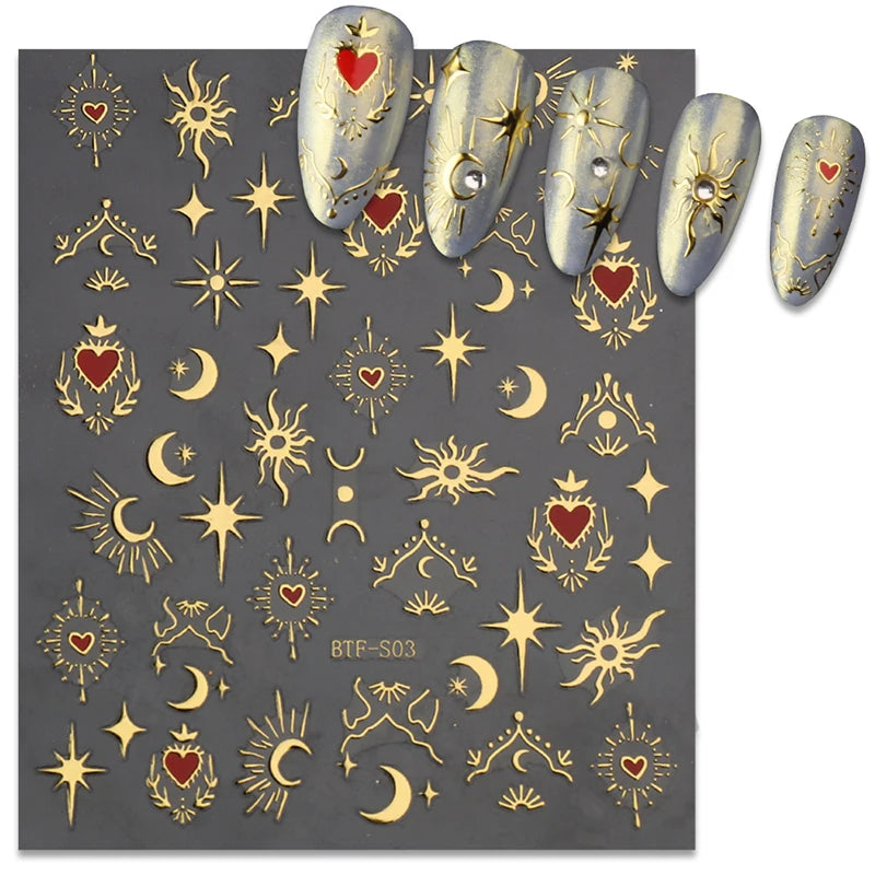 Mix 3 Sheets 3D Stickers for Nails Gold Sliver Rose Gold Laser Butterfly Moon Sun Adhesive Sliders DIY Nail Art Accessories