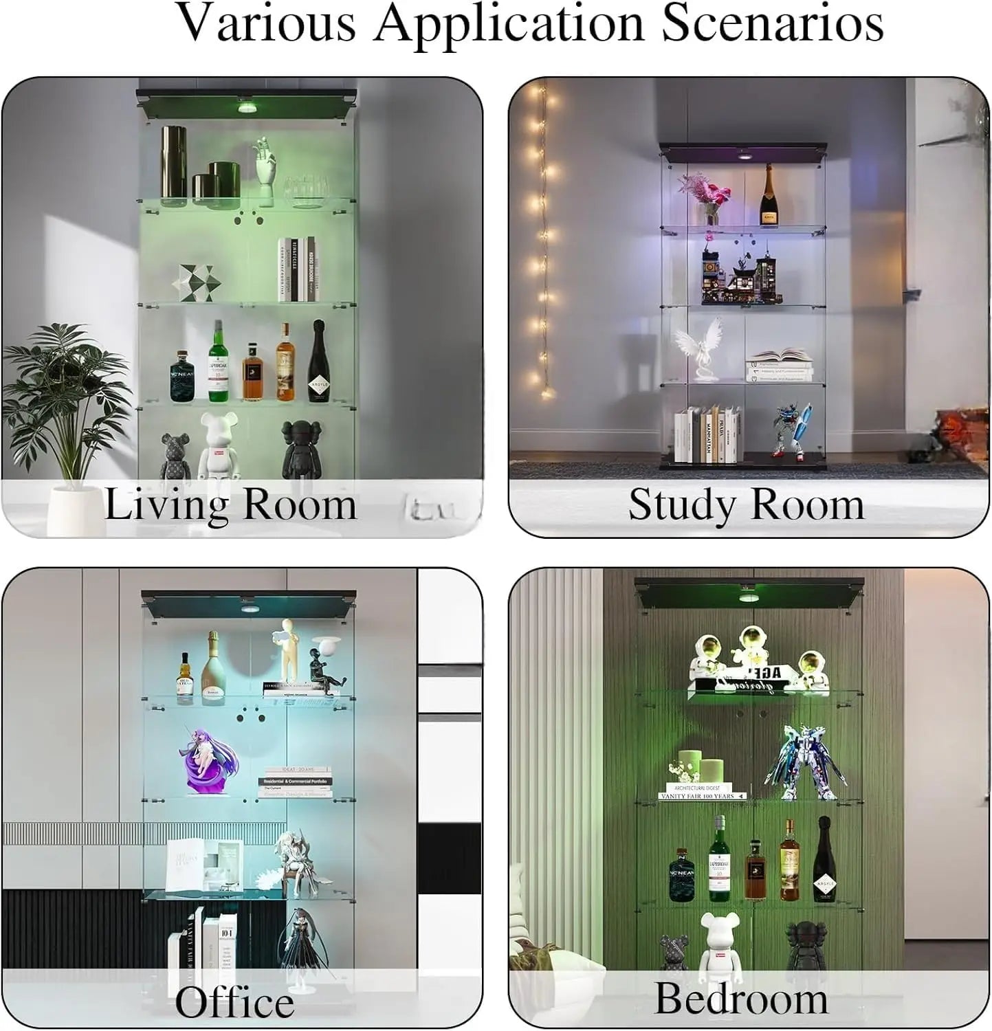 Rosahqnda Glasvitrine LED Beleuchtung 4 Regale 2 Türen 80x36x164 cm