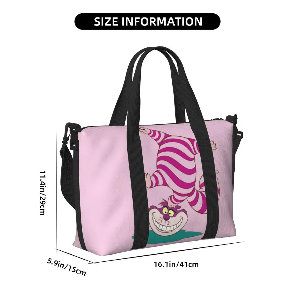 Custom Cheshire Cat Beach Tote Bag for Women We're All Mad Here Cat Big Compartment Gym Beach Travel Bags