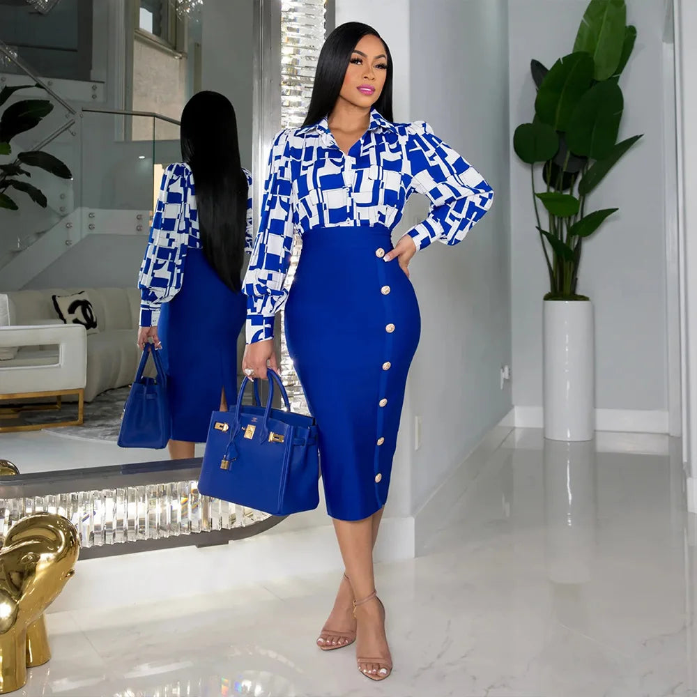 Elegant 2 Piece Set Women OL Outfits Fashion Business Long Sleeve Print Blouse Shirt High Waist Bodycon Skirt Sexy Office Work