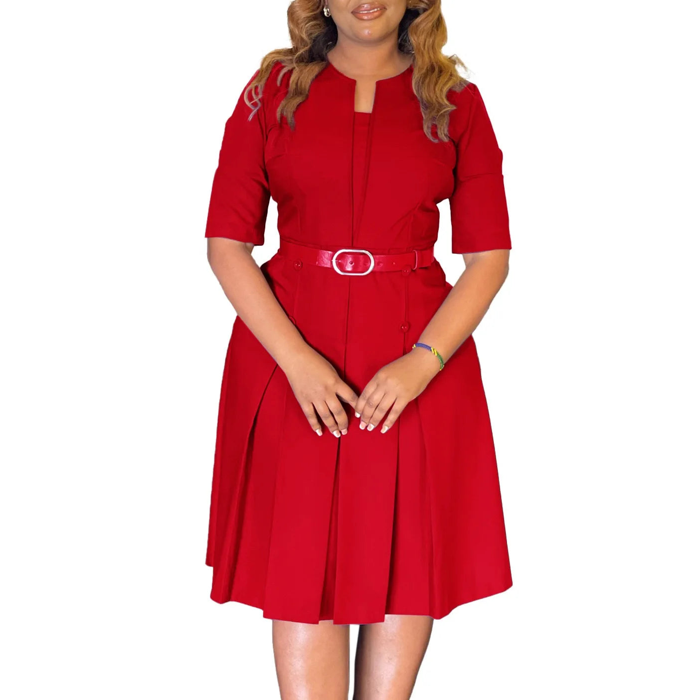 Elegante Kleider Für Frauen 2025 Neu V-Ausschnitt Halbe Ärmel Gürtel Taille Plissiert Midi Mode Weiblich Bescheiden Business Arbeit Kleider OL