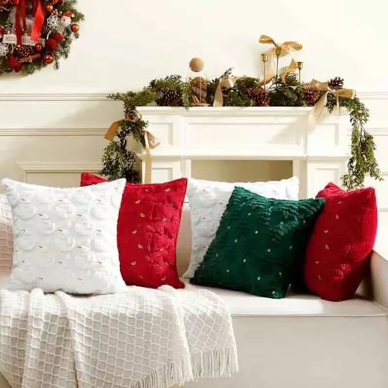 17.72x17.72 Inch Christmas Pillow Cover 3D Embroidered PlushCushion Case Zipper Snowflake SnowmanTree Pattern for Sofa Bed Decor