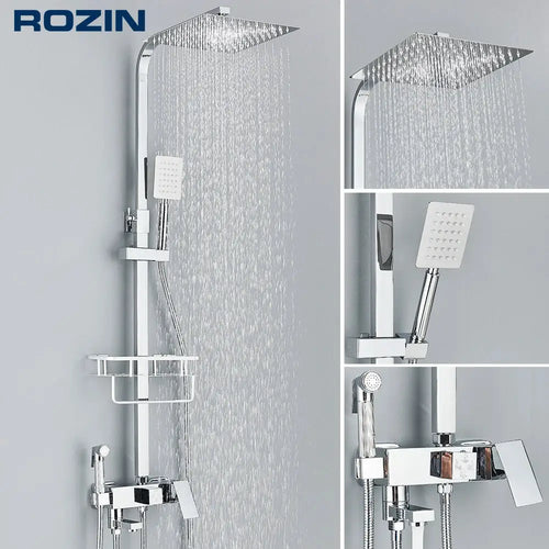 Regen-Badezimmer-Duscharmatur-Set mit Bidet, Wandmontage, Edelstahl, heißes und kaltes Wasser, Mischbatterie-System mit Gestell, Badewannenauslauf