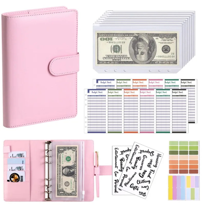 PU Leather Notebook Binder Budget Saving Money Planner Money Organizer for Cash Savings Zipper Envelope Pockets Stickers