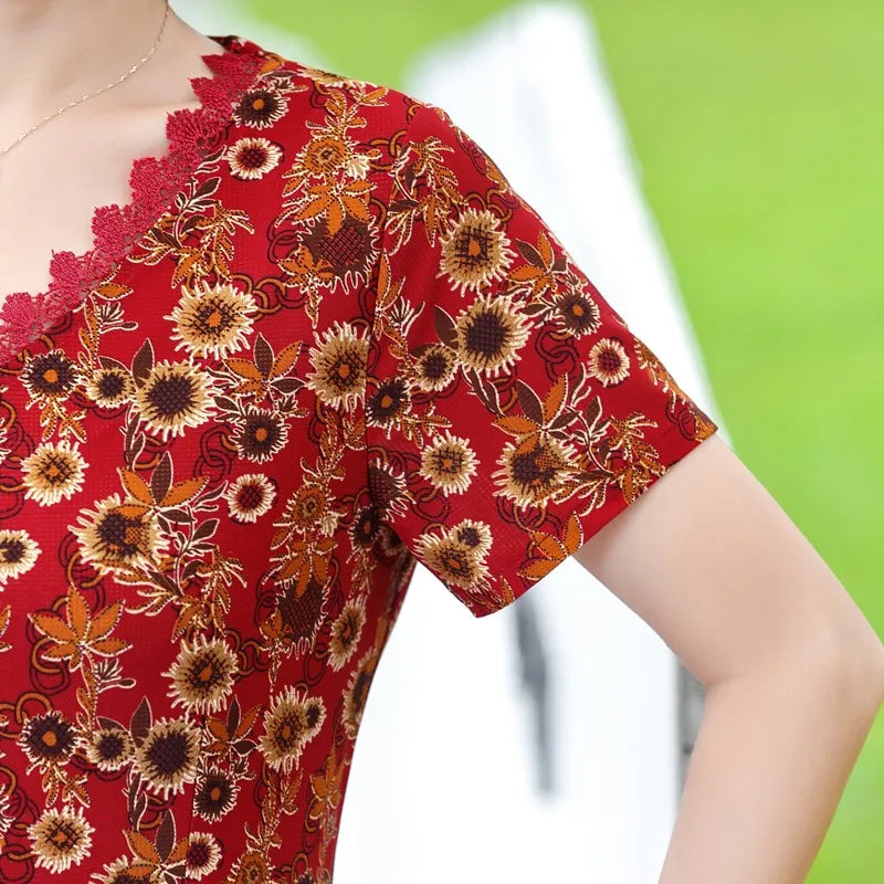 Elegant Women Dress Elegant Casual V-Neck Print Vintage Ladies Mid-Calf High Waist Summer Bohemian Dresses