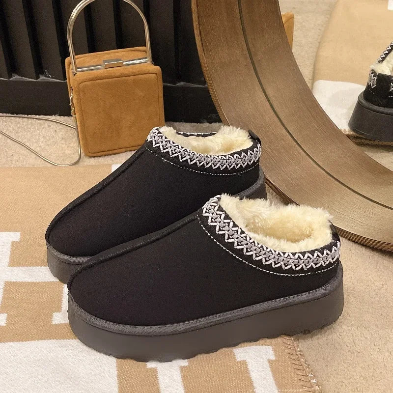 Papuci de blană HKSHC cu talpă groasă - mărimea EU36-41, căptușeală scurtă de pluș, toc 3-5 cm