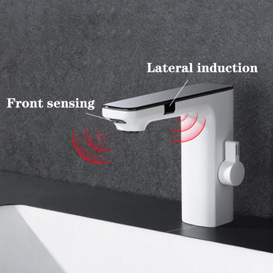 White Smart Daul Sensor Bathroom Basin Faucet Hot Cold Water Mixer Deck Mount  Bathroom Sink Faucet