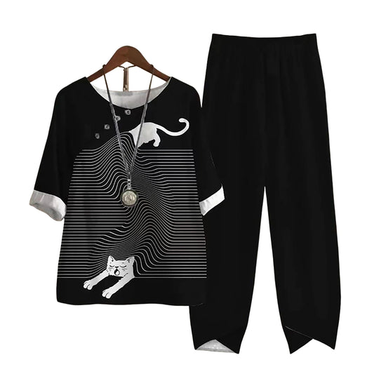 Elegant  Women Outfit Breathable Flower Pattern Blouse Trousers Half Sleeves Soft Blouse Pants Spring Clothes