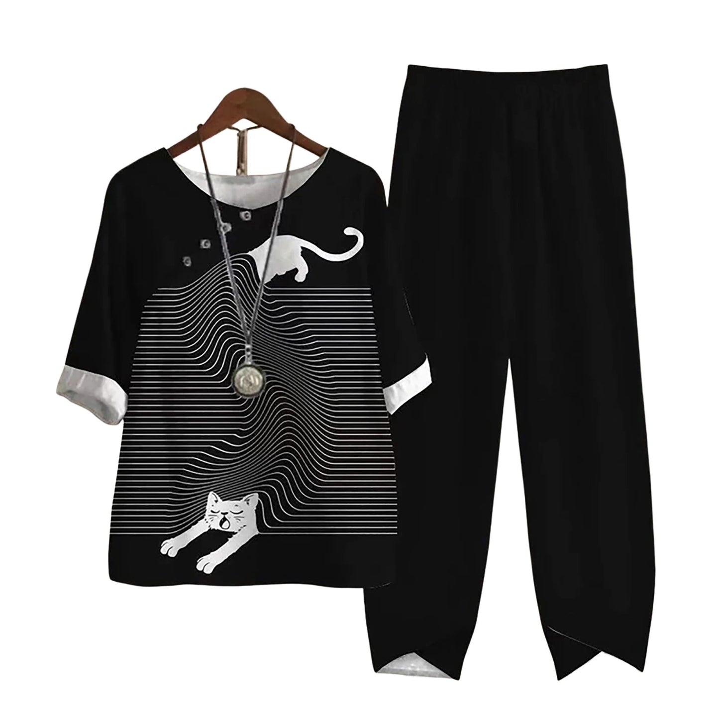 Elegant  Women Outfit Breathable Flower Pattern Blouse Trousers Half Sleeves Soft Blouse Pants Spring Clothes