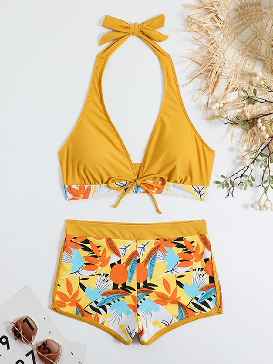 Halter Bikini Set Kurzer Schwimmanzug Frauen High Waist Bedruckte Bademode
