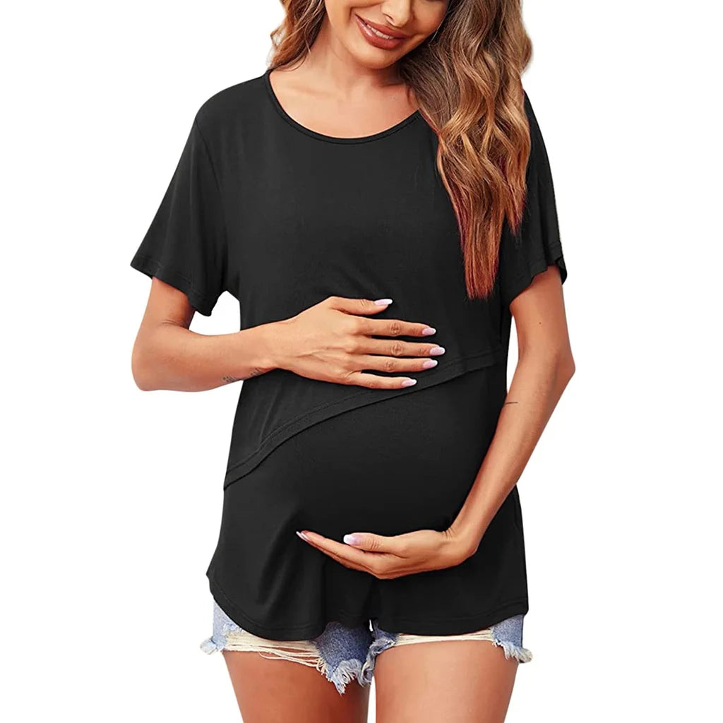 New Maternity Clothes Womens Short Sleeve Crew Neck Solid Color Asymmetrical Flap Nursed Tops Casual T Shirt For Breastfeeding