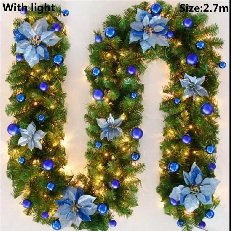 Weihnachts-LED-Rattan-Girlande, 270 cm künstlicher Kranz mit Lichtern für Weihnachtsbaum, Haustür, Kamin, Treppen, Zuhause, Party-Dekoration