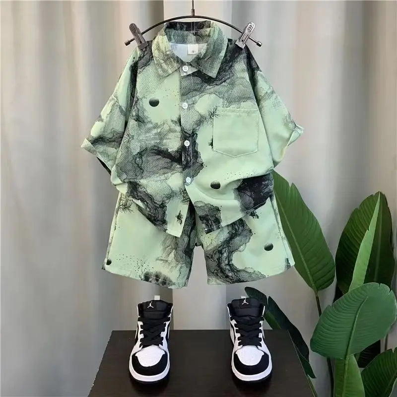 New 2024 Summer Kids Clothes Sets Baby Boys Short Sleeve Lapel Tie-dye Print Shirt Top with Shorts Children Casual Clothing
