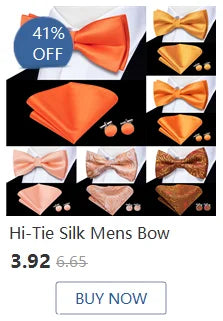 Hi-Tie Silk Mens Bow Tie Pocket Square Cufflinks Set Peach Pink Salmon Pre-tied Butterfly Knot Bowtie for Male Wedding Business