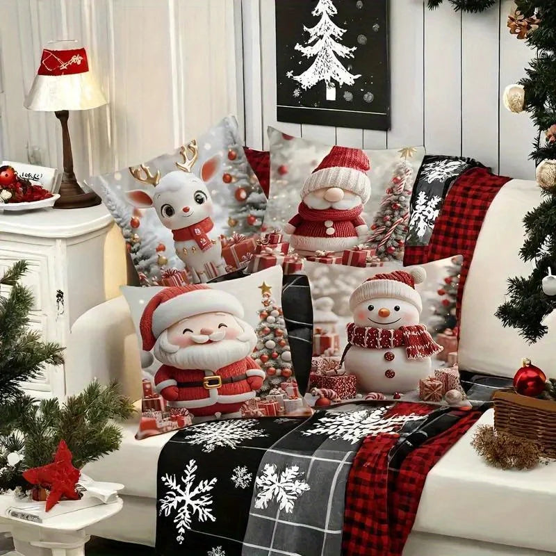 Modern Christmas Pillow Covers Set of 4, Snowman Reindeer Santa Design, Soft Polyester Zippered  for Living Room Decor