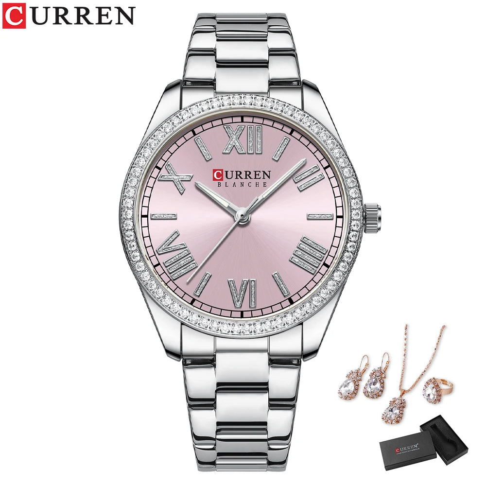 CURREN Luxus Uhr Damen Ring Halskette Ohrringe - Strass Mode Armbanduhr Weiblich Casual Damen Uhren Armband 5-teiliges Set