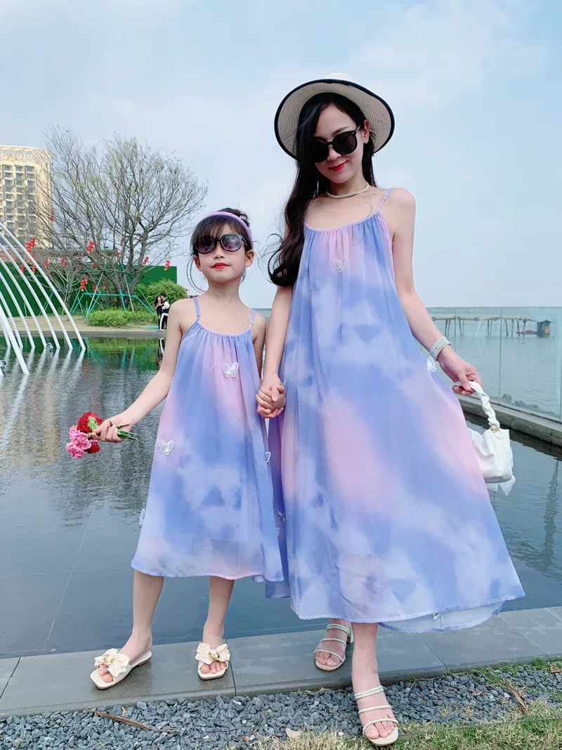 Fashion New Family Matching Outfits Dresses Mother Daughter Clothes Staining Suspender Dress Mom Kids Parent-child Dress Outfits