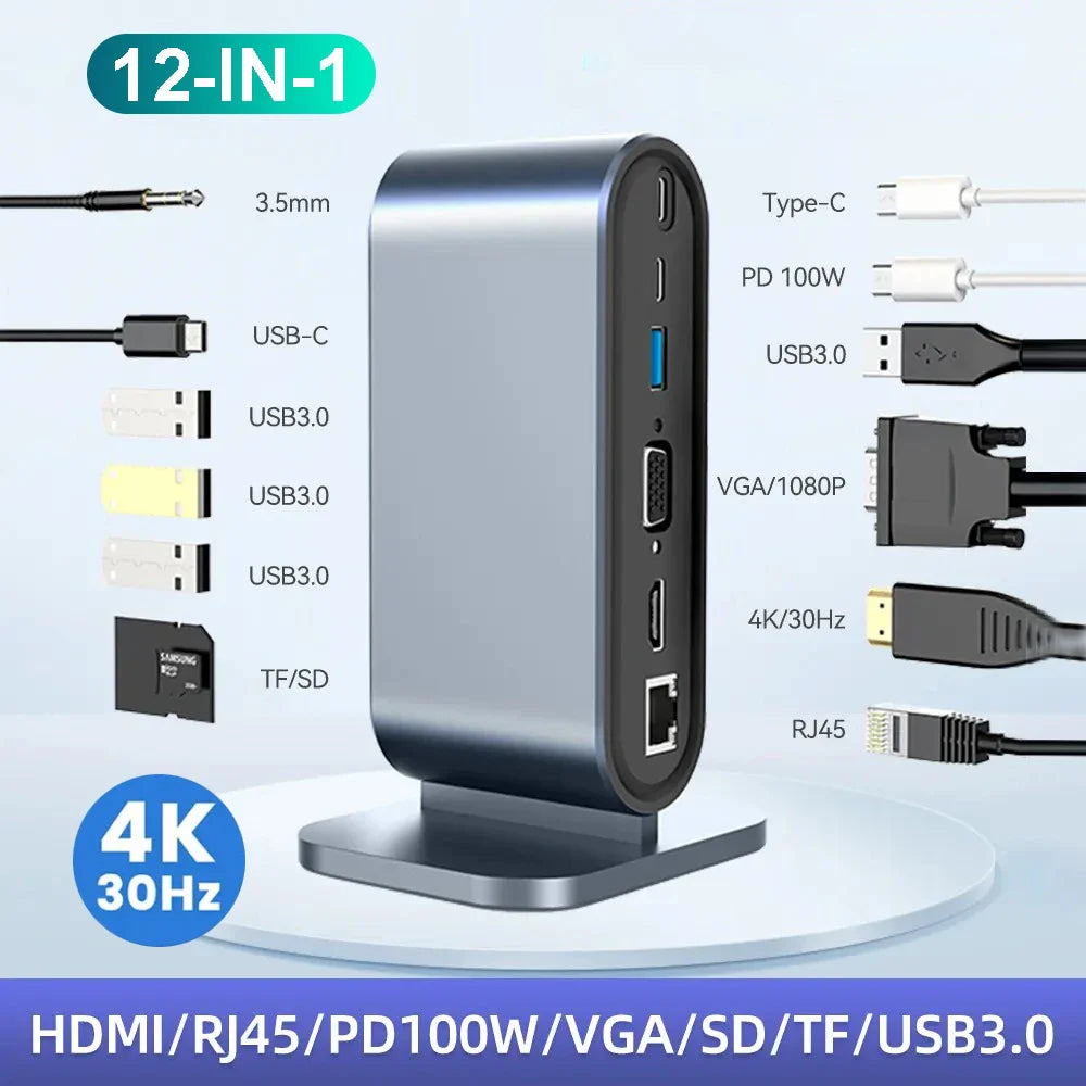 USB C docking station with hdmi 4k, power delivery charging, ethernet port, vga, sd card reader