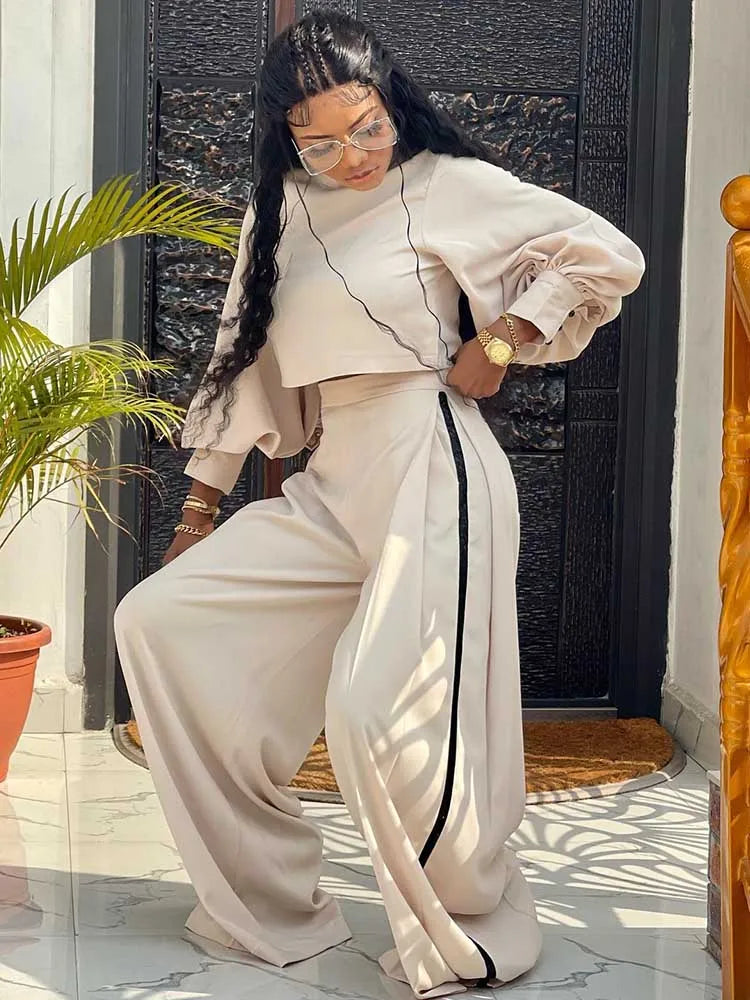 Elegant Women's Sets Two Pieces Solid Color Set Autumn Spring Piece Long Sleeve Loose Blouse and Pants Female Suit Bourgeois