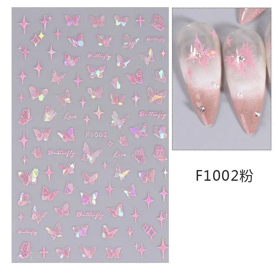 New Spring Fresh Flowers Butterfly 3D Nail Stickers Colorful Laser Butterflies Geometric Pattern Stickers Nail Decoration 1PCS