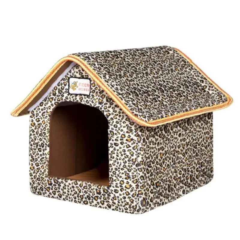 Winter Pet House Foldable Bed With Mat Soft Leopard Dog Puppy Sofa Cushion House Kennel Nest Dog Cat Bed For Small Medium Dogs