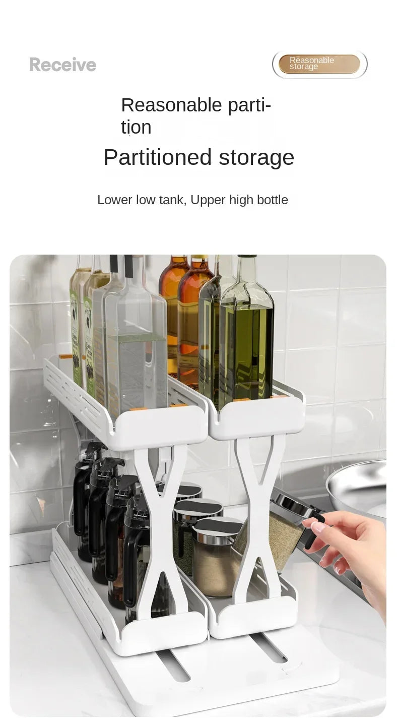 Kitchen Rotating Spice Rack 2 Tier Plastic Seasoning Spice Detachable Jar Storage Rack Pull Out Kitchen Cabinet Organiser