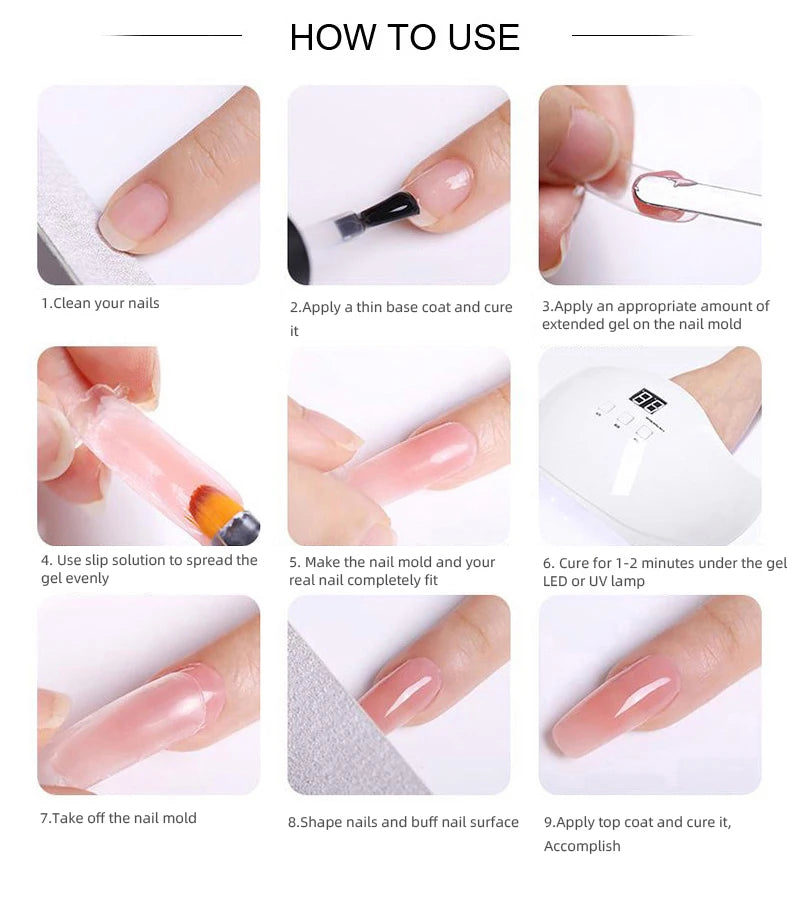 Poly Nail Gel Kit with 6W LED Lamp, All-In-One Set for Manicure, Semi-Permanent Extension Gel and Acrylic French Nails with Tool