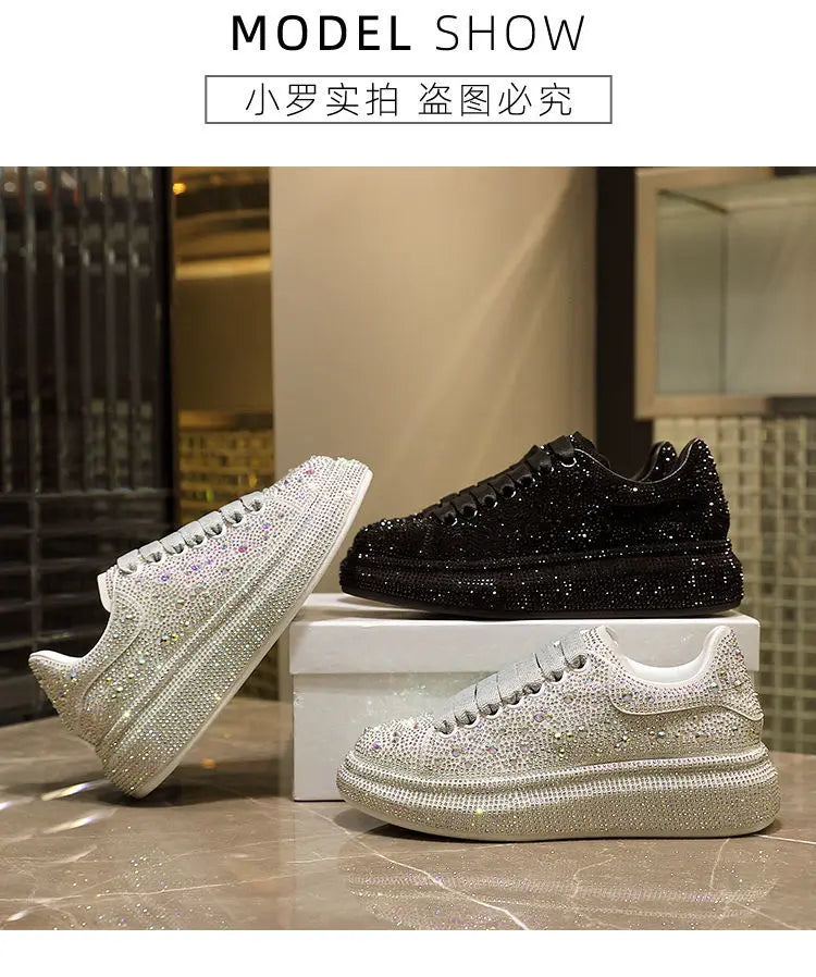New Brand Women Fashion Casual Glitter Sparkling Sneakers Women Encrusted Lace Up Shoes White Sole Fashion Street Sneakers Shiny