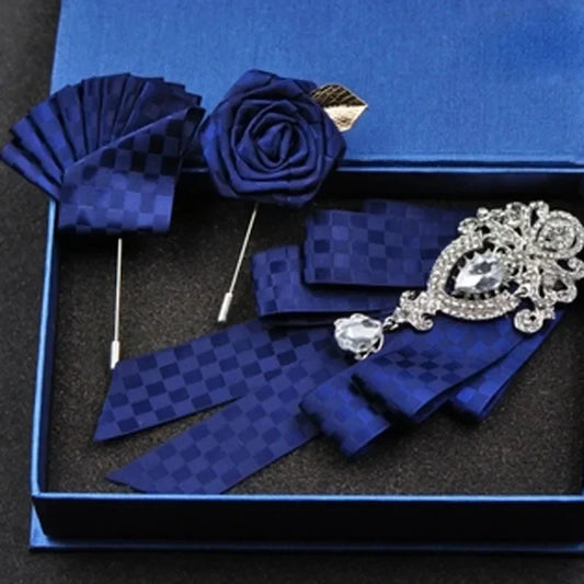 Fashion Handmade Bow Tie Wedding Collar Luxury Rhinestone Bowtie Necktie Brooch Pocket Towel Square Set Gift for Men Accessories