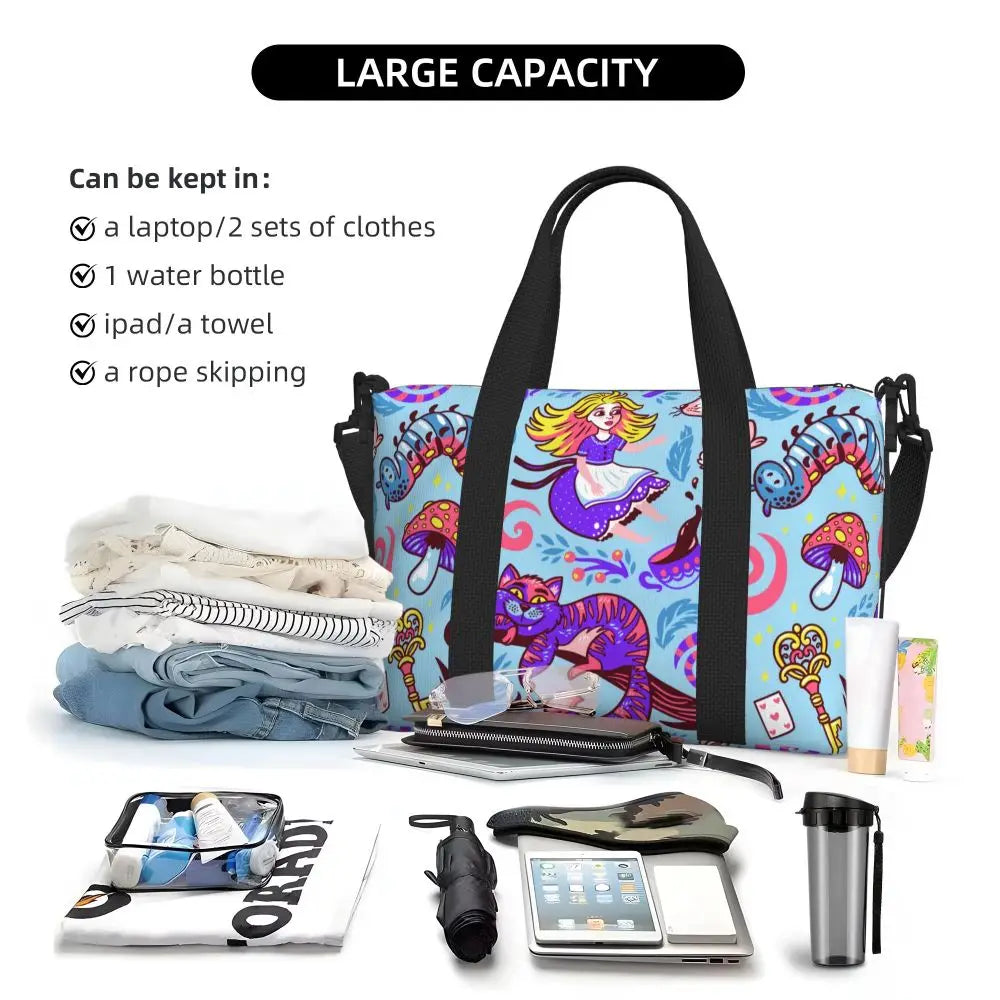 Custom Cheshire Cat Beach Tote Bag for Women We're All Mad Here Cat Big Compartment Gym Beach Travel Bags