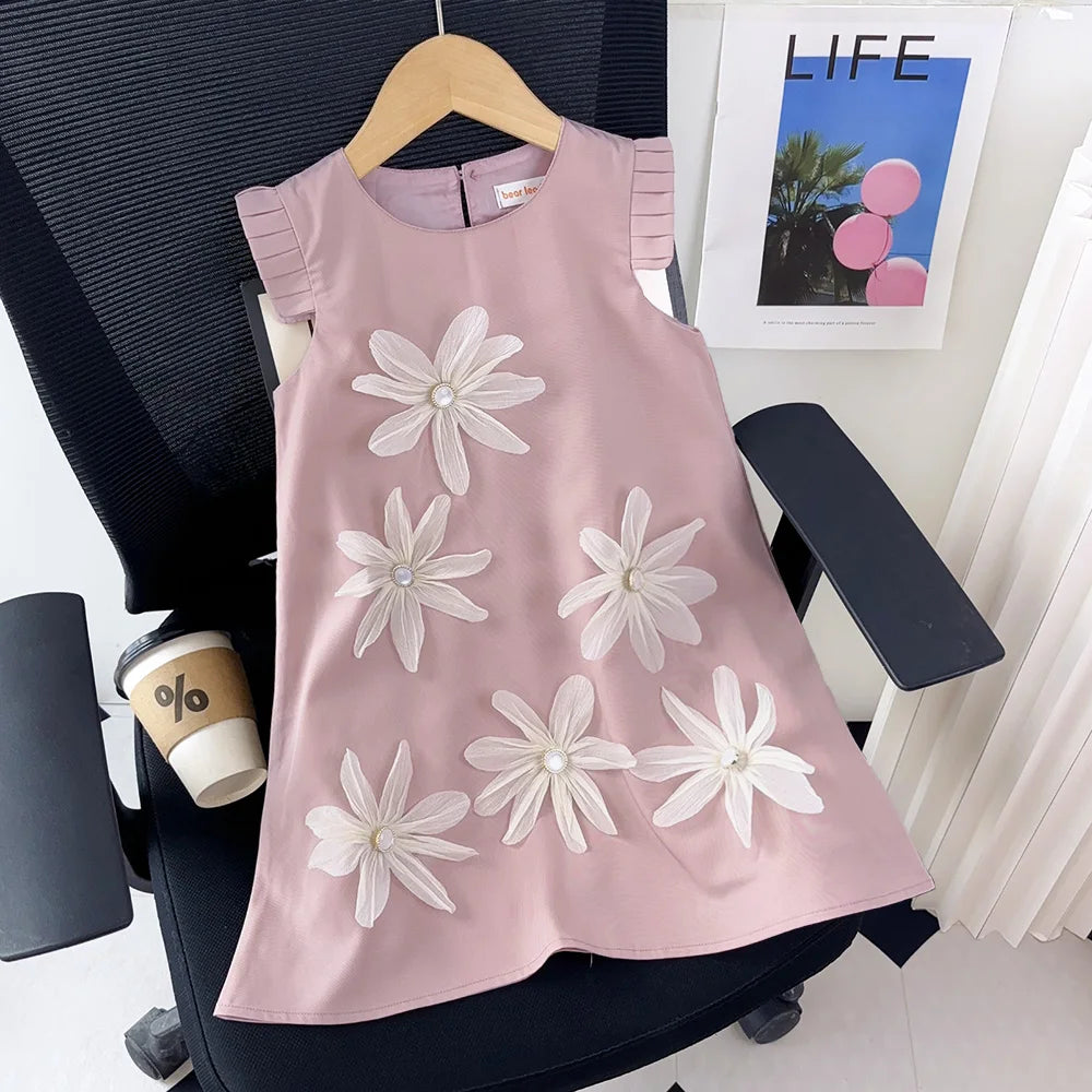 Kids Dresses for Girls 3D White Flower Princess Dress Girls' Pink Clothes Summer New Casual Vest Dress Flower Girl Dresses