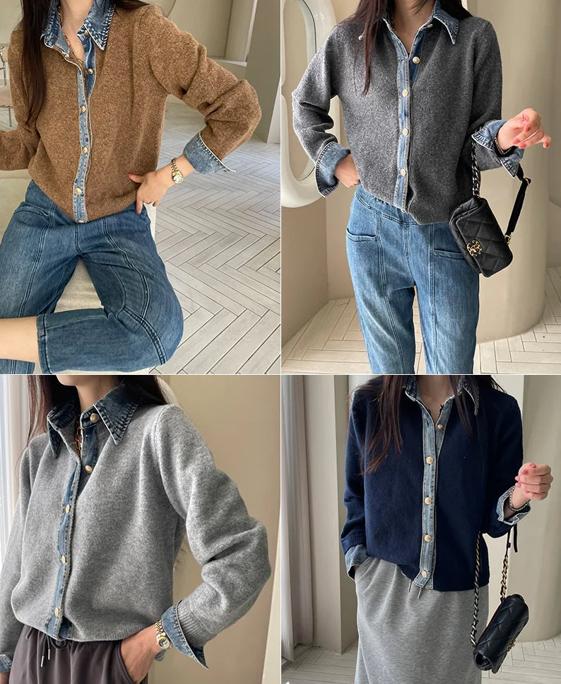 BigLargiCN Strickcardigan Herbst Denim Patchwork Damen Korean Stil - Gewicht 120–220 g/m² Länge Regular Lockere Passform