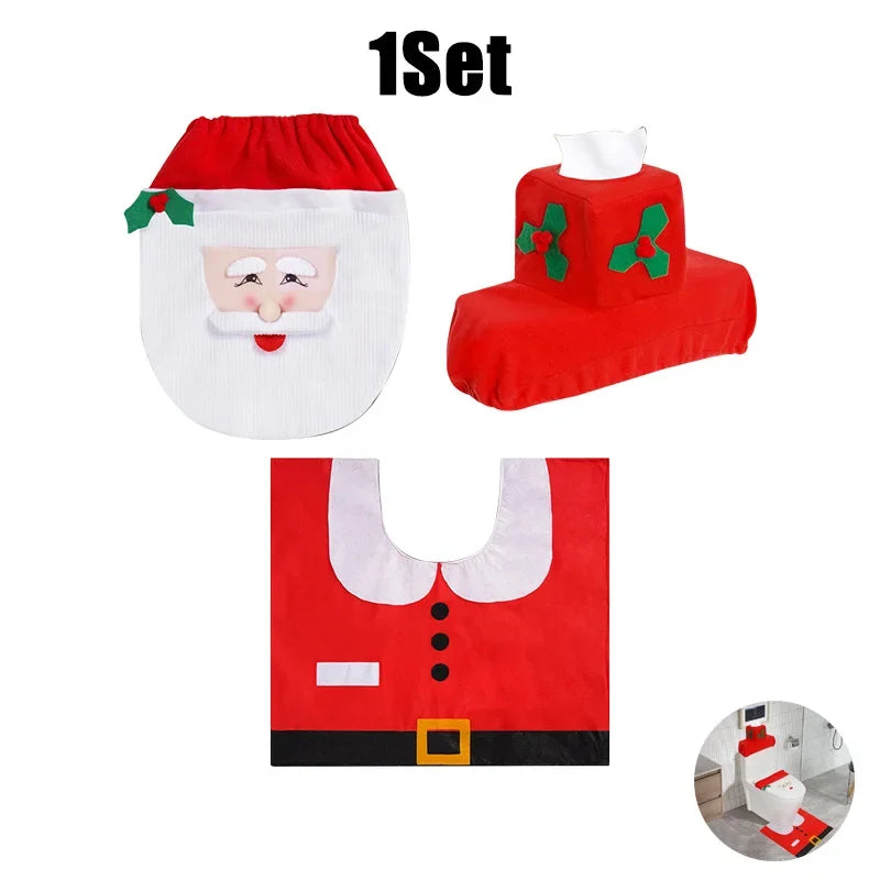 1-5Sets Christmas Toilet Seat Cover Santa Claus Bathroom Decor Set with Toilet Lid Mat and Tank Cover for Holiday Home Decor